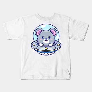 Cute mouse flying with spaceship ufo cartoon Kids T-Shirt